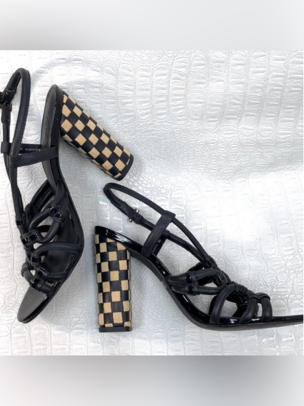 Tory Burch black and natural checkerboard block heel strappy sandals size 6